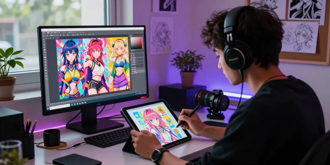 Create stunning artworks using ecchi AI in a vibrant digital art studio