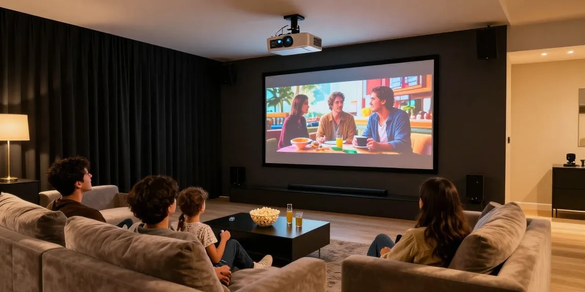 Best projector 2026 showcasing a vibrant film scene in a cozy home theater setup with plush seating and ambient lighting.