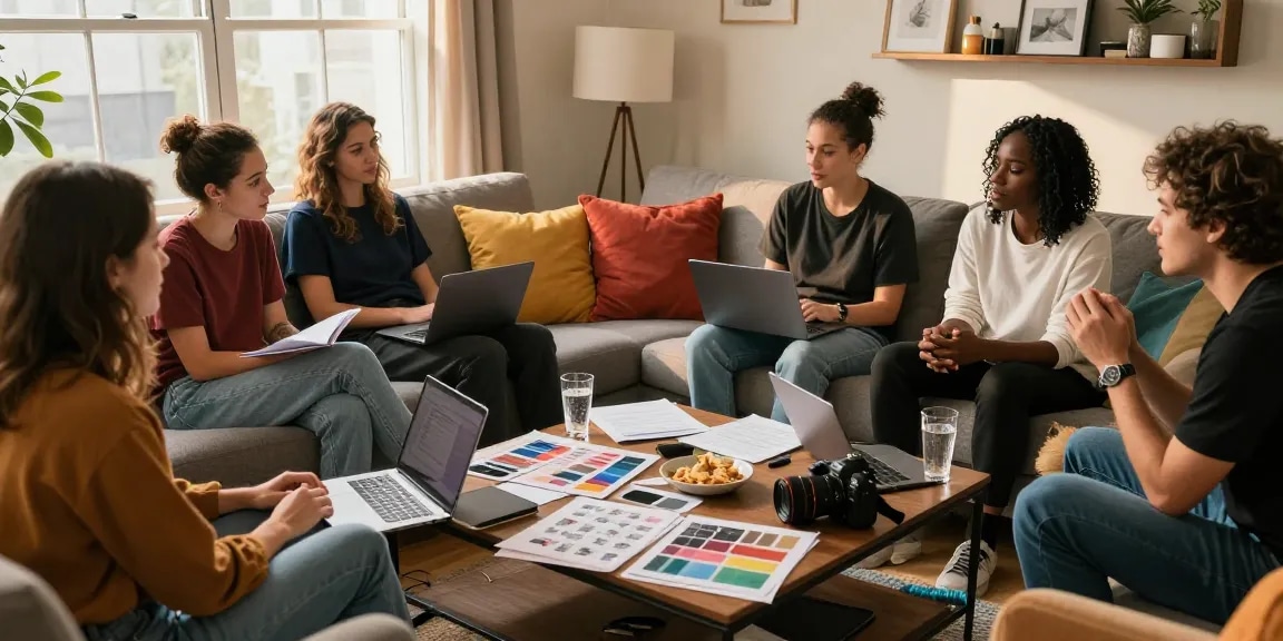 Collaborative brainstorming session for snapwins leaks in a cozy living room with diverse performers.