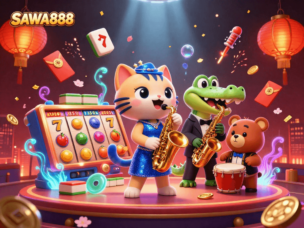 Experience thrilling games at SAWA888 with a vibrant casino scene featuring unique characters and dynamic elements.