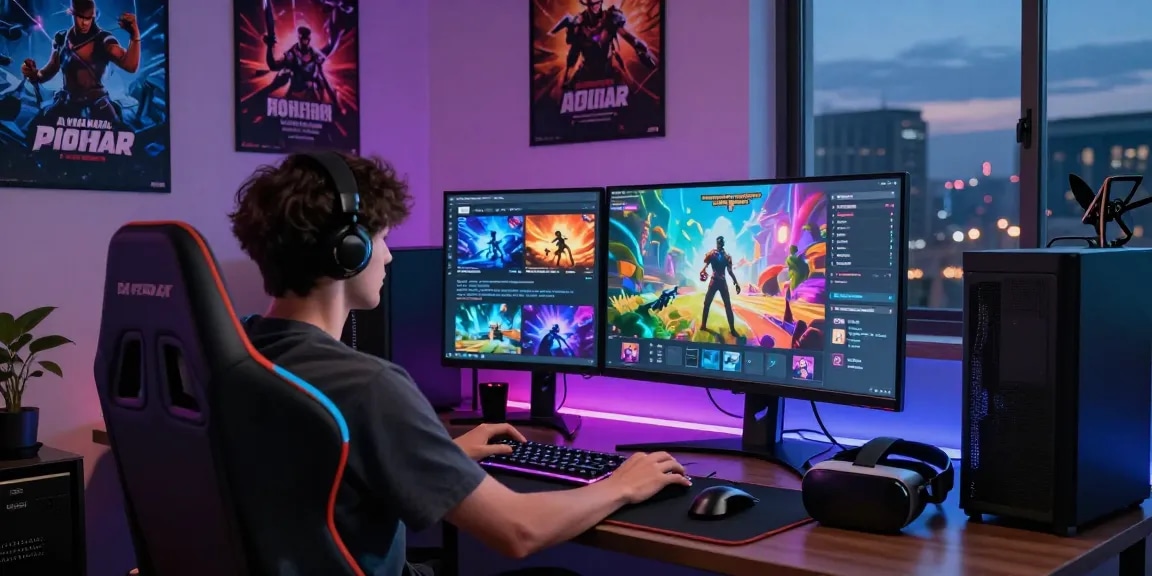 Engaging scene of a gamer exploring colorful html porn games in a vibrant virtual environment.