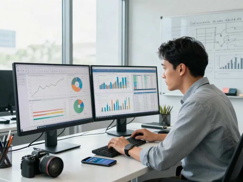 Financial intelligence analysis with graphs and reports in a modern office setting.