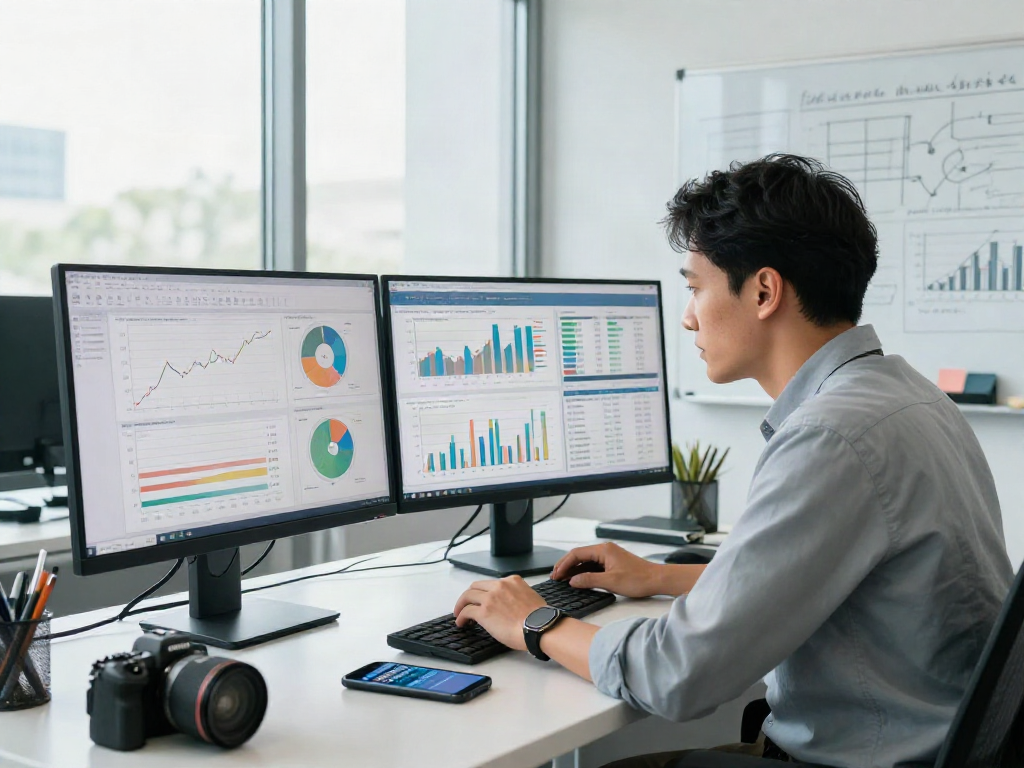Financial intelligence analysis with graphs and reports in a modern office setting.