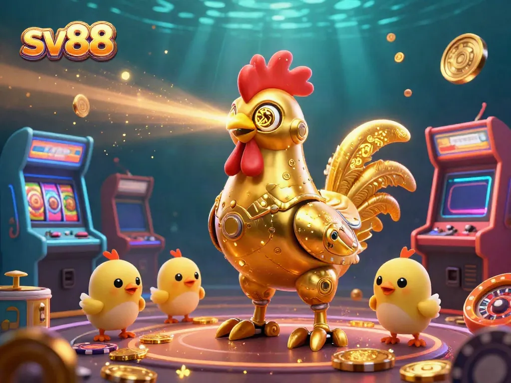 Experience casino excitement with sv88 as a golden rooster robot and baby chick drones animate a vibrant gaming scene.