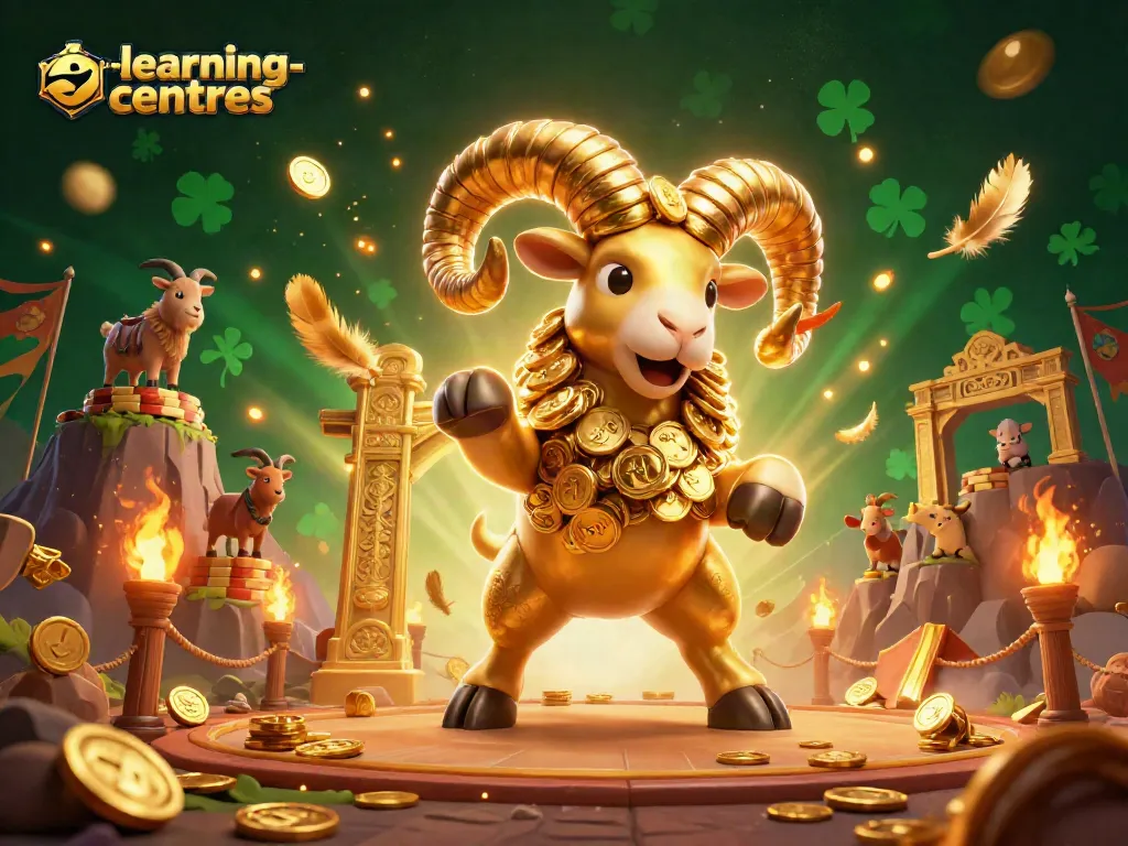 The learning-centres showcase a vibrant 3D casino scene with a golden ram charging, surrounded by betting tokens and fiery effects.