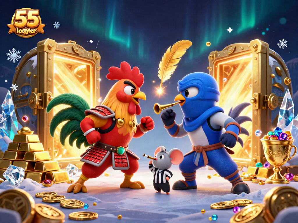 Engage with thrilling games at 55 lottery login, featuring dynamic fighting roosters in a lavish casino scene.