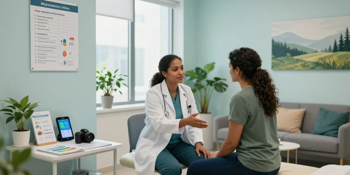 Migraine treatment Abu Dhabi: Healthcare professional consulting with patient in a modern wellness clinic.