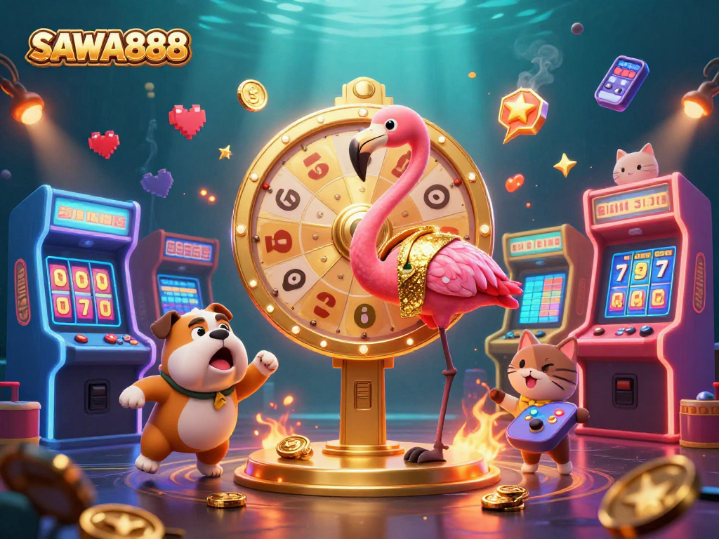 Join the excitement at SAWA888 with vibrant game show characters and dazzling casino elements.