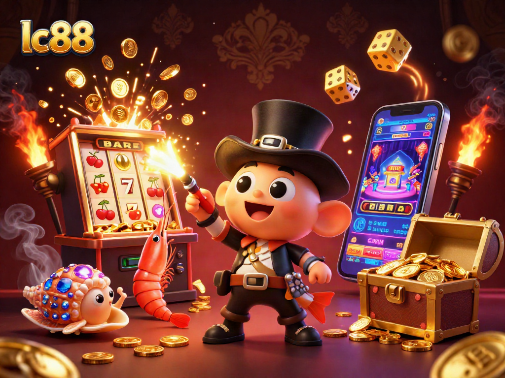 Maximize your winnings with lc88's vibrant casino illustration featuring dynamic slot machines and treasure!