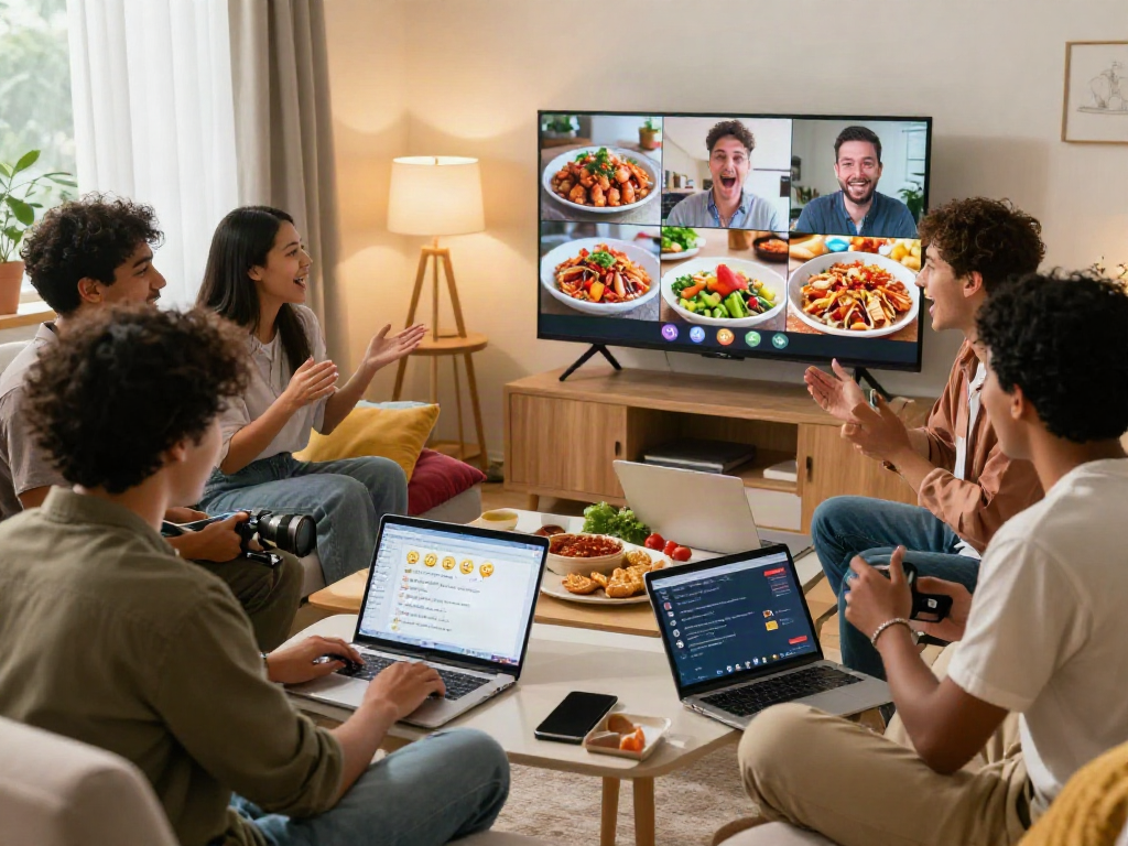 Friends enjoying a spicy chat via video call while sharing lively reactions and snacks.