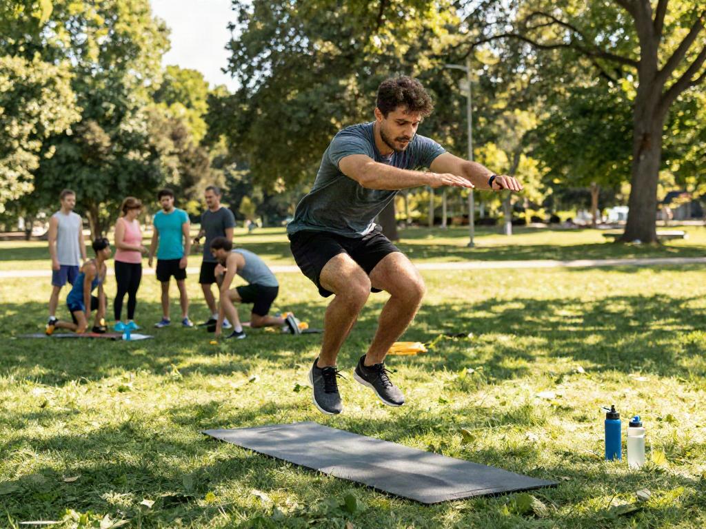 Young man demonstrating hop over exercise in a sunny park.