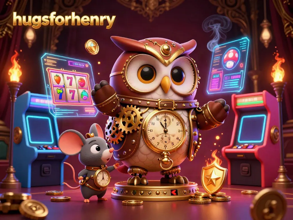 Experience the excitement of hugsforhenry at a vibrant casino with engaging slot reels and steampunk characters.