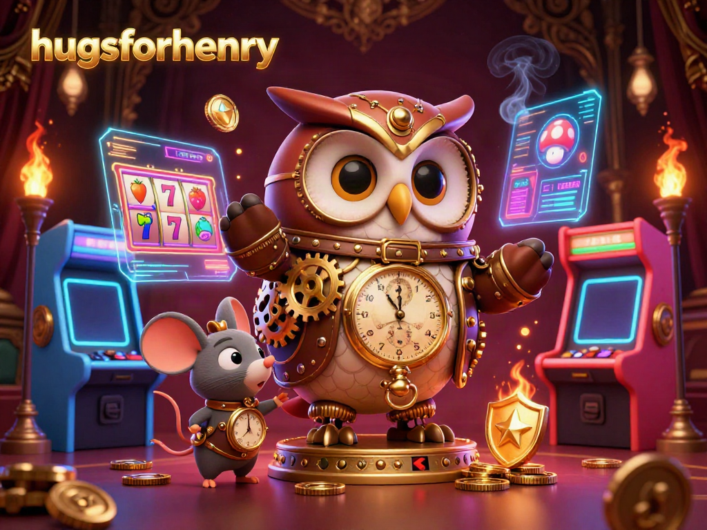 Experience the excitement of hugsforhenry at a vibrant casino with engaging slot reels and steampunk characters.