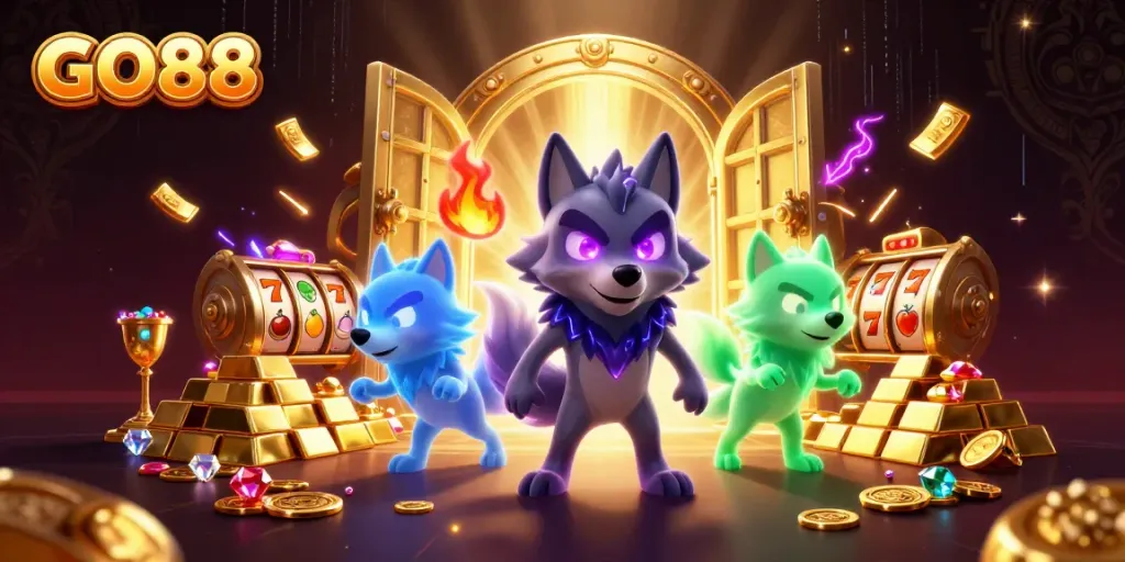 Engage in excitement at GO88 as a shadow wolf pack leads the way to fortune with gleaming treasures.