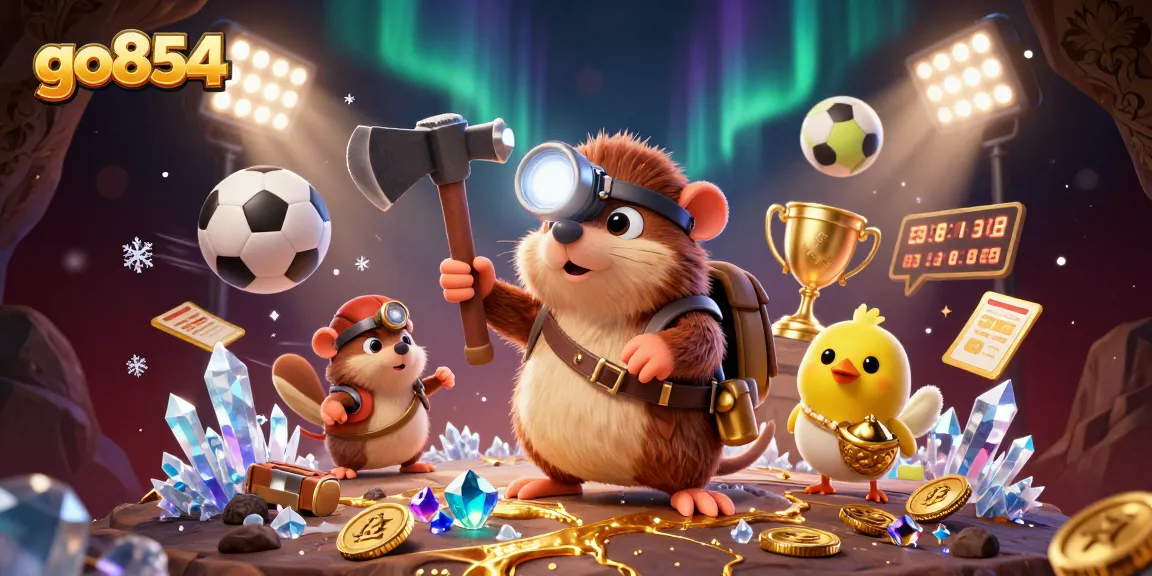 go854 features an exciting treasure hunting mole surrounded by dynamic sports betting elements in vibrant detail.