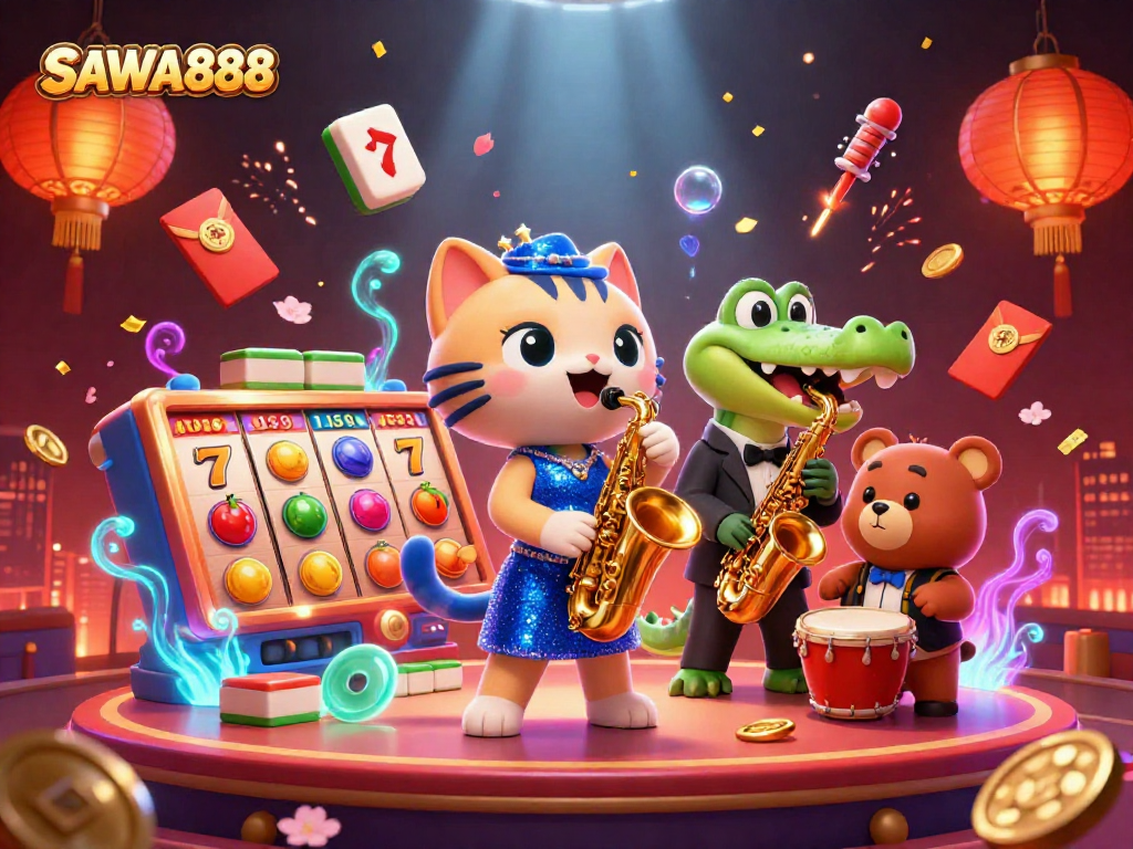 Experience thrilling games at SAWA888 with a vibrant casino scene featuring unique characters and dynamic elements.