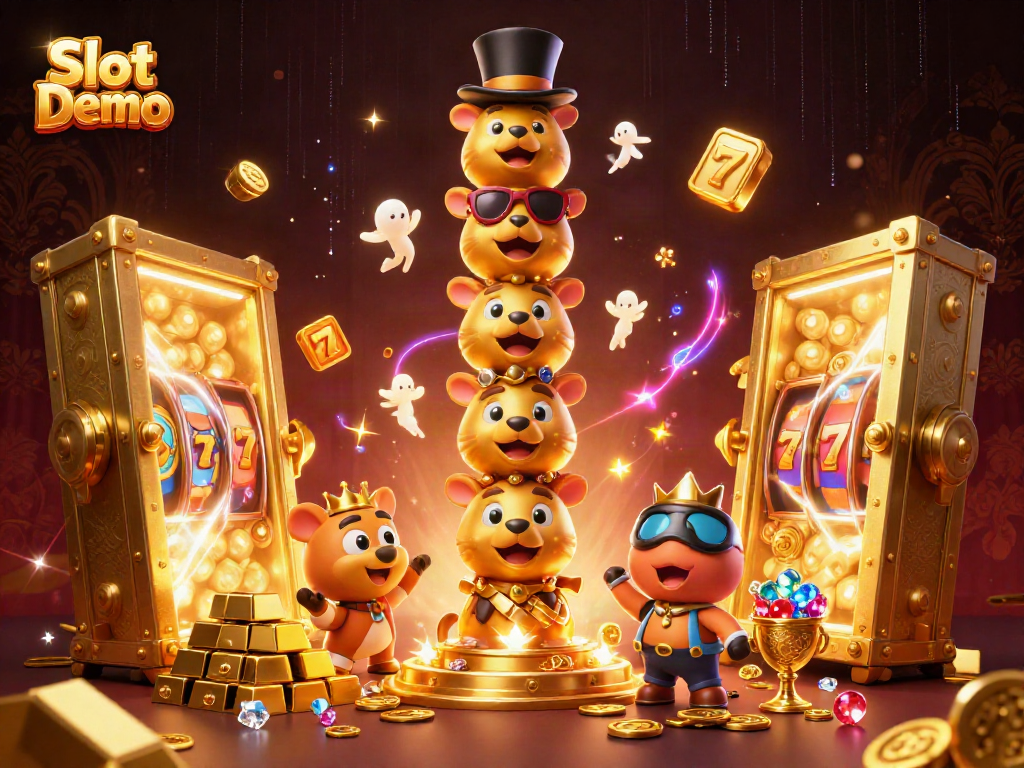 Experience the excitement of a Slot Demo with vibrant 3D illustrations of gaming elements and treasures.
