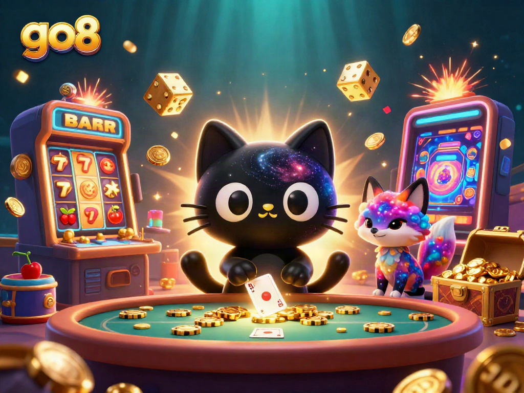 Join the cosmic excitement in go8's colorful casino scene featuring a black hole cat and a nebula fox.