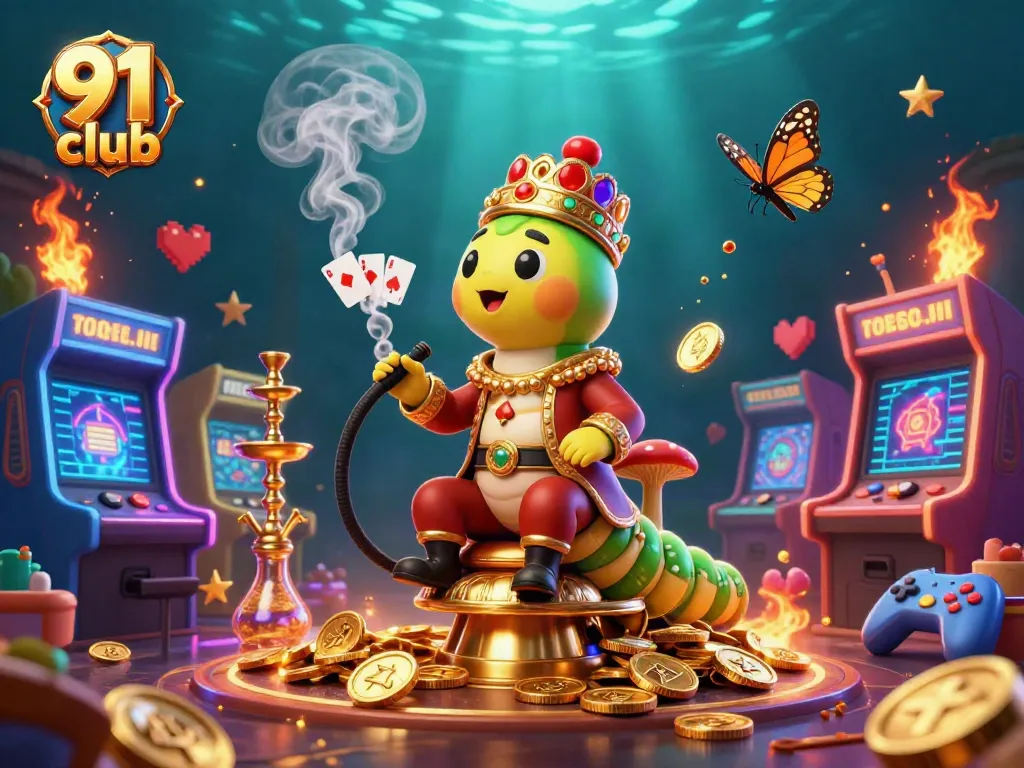 Engage with the 91 club in this rich 3D casino scene featuring a caterpillar hookah-master.