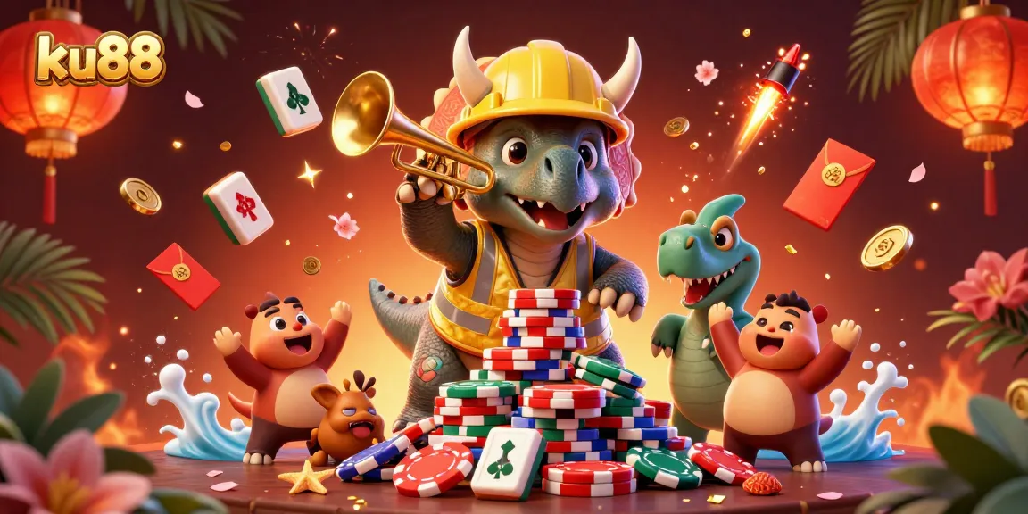 ku88 features a celebratory 3D triceratops building poker chips, showcasing vibrant casino elements.