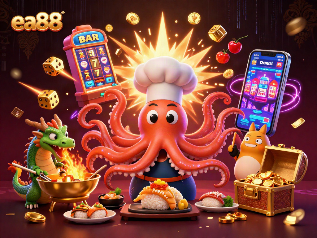 Experience the thrilling excitement of ea88 with a dynamic 3D casino illustration featuring vibrant characters and game elements.