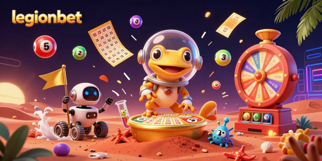 Win at legionbet with a 3D Martian gecko discovering a golden casino and vibrant lottery elements.