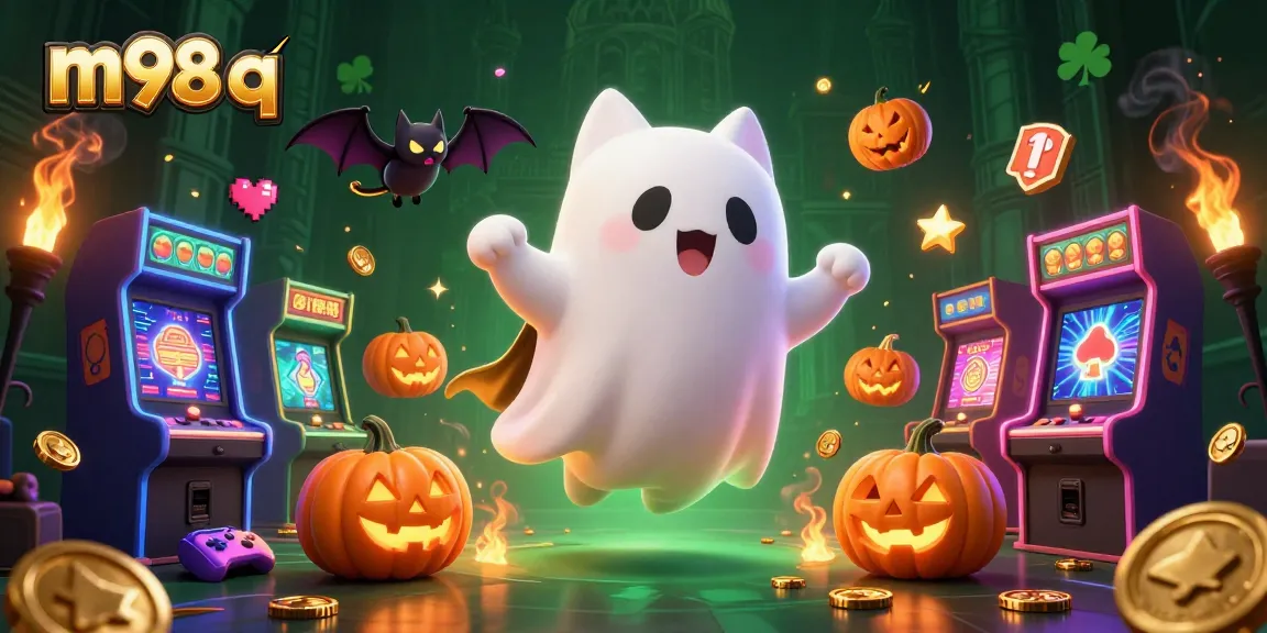 Engage with m98 q in a colorful haunted casino scene featuring a ghost cat and vampire bat.
