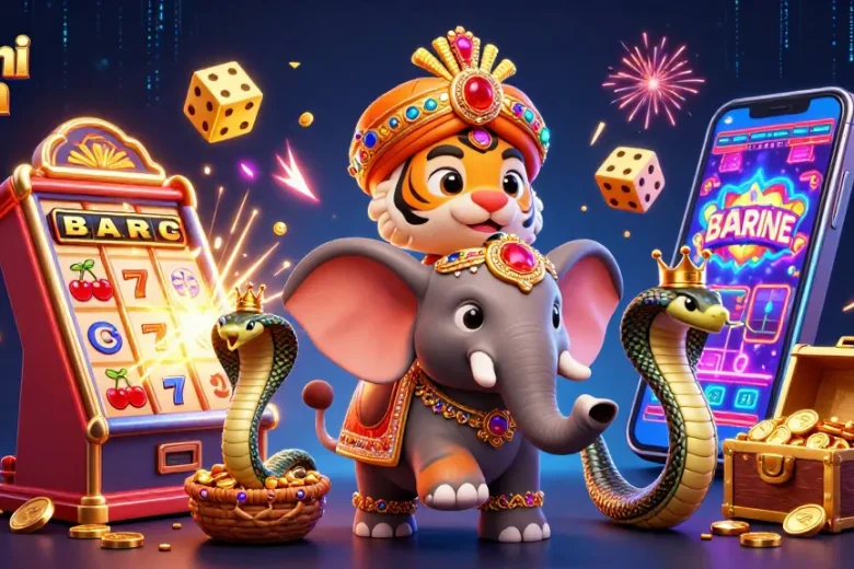 Dhani win offers thrilling gameplay; a vibrant 3D illustration showcasing colorful slot games, jackpot excitement, and dynamic action.