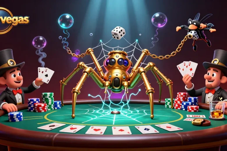 Experience the allure of crazyvegas with a vibrant steampunk spider webbed in poker glory.