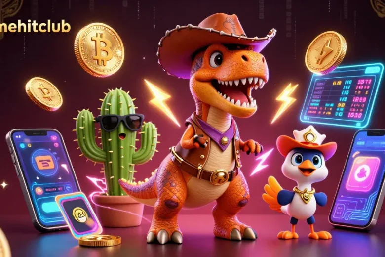 Win at gamehitclub with a vibrant 3D dinosaur in a casino setting filled with crypto elements.